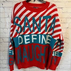 Lg Men’s Fashion Nova SANTA DEFINE NAUGHTY Teal and red sweater. Exc condition